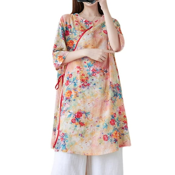 YM YOUMU Women Floral Ethnic Shirt Dress Frog Button Cheongsam Qipao Blouse Tops Casual