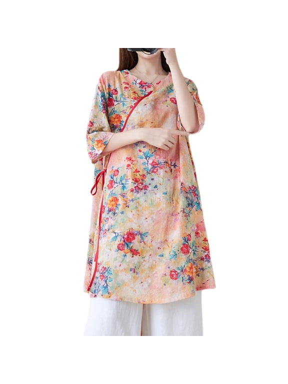Women Floral Ethnic Shirt Dress Frog Button Cheongsam Qipao Blouse Tops Casual