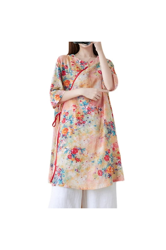 Women Floral Ethnic Shirt Dress Frog Button Cheongsam Qipao Blouse Tops Casual