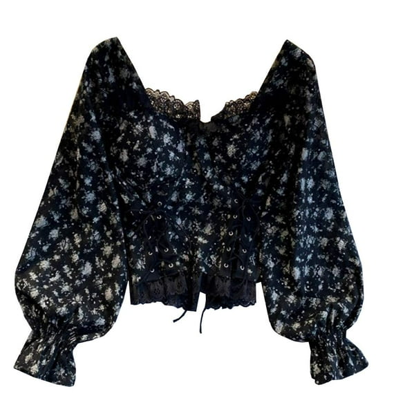 YM YOUMU Women Floral Lace Blouse Long Puff Sleeve Crop Tops Shirt Casual