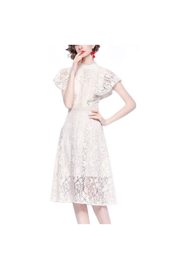 Women Floral Lace Cap Sleeves Slim Evening Cocktail Dress