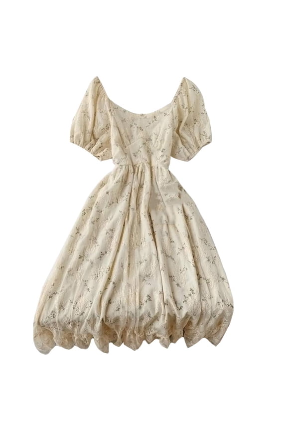 Women Girls Puff Sleeve Lace Floral Embroidery Mesh Dress for Casual Wedding Cocktail Party