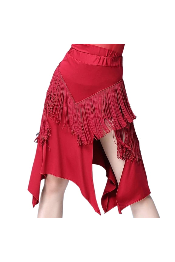 Women Irregular Tassel Latin Skirt Elastic Waist Slit Dancewear