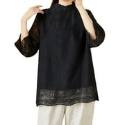 YM YOUMU Women Jacquard Floral Chinese Mandarin Collar Qipao Blouse 3/4 Sleeves Cotton Linen Lace Shirt