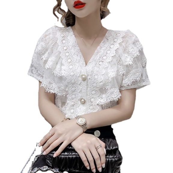 YM YOUMU Women Lace Floral Short Sleeve Blouse Shirt Ruffle V-neck Sheer Hollow Out Top