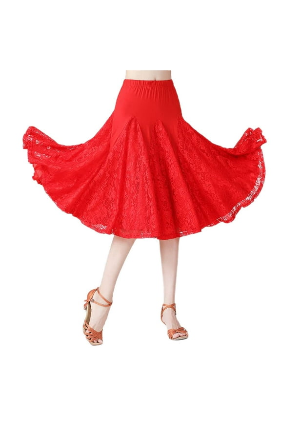Women Lace Midi Ballroom Dance Skirt Latin Salsa Modern Tango Swing Dancewear