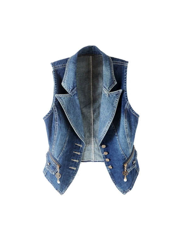 Women Lapel Washed Blue Denim Vest Button Up Waistcoat Jacket