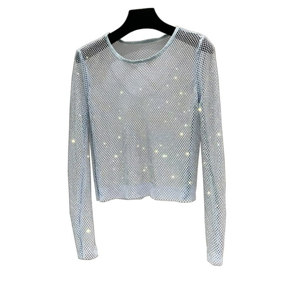 YM YOUMU Women Mesh Sheer Blouse Shiny T-shirts Hollow Out Net Tops