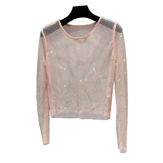 YM YOUMU Women Mesh Sheer Blouse Shiny T-shirts Hollow Out Net Tops