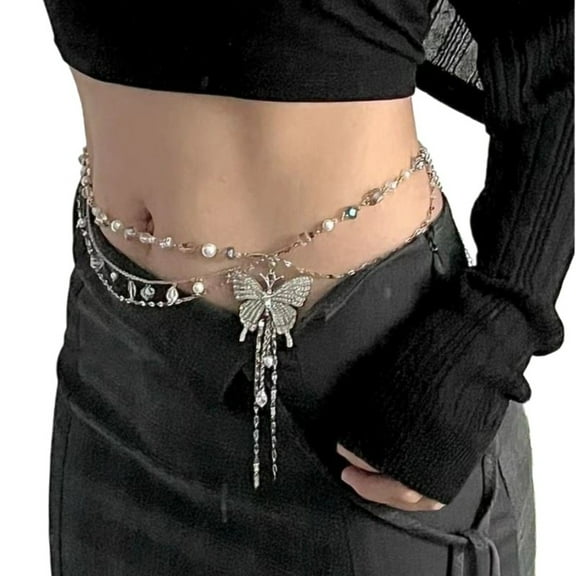 YM YOUMU Women Metal Butterfly Waist Chain Tassel Necklace Accessory Body Chains