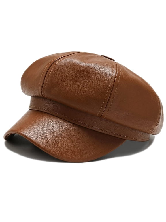 Women Newsboy Beret Hat Faux Leather Cabbie Caps