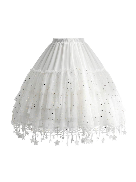 Women Petticoat Underskirt Shinny Dot Stars Adult Tutu Tulle Mesh Skirt Crinoline Lolita Dress