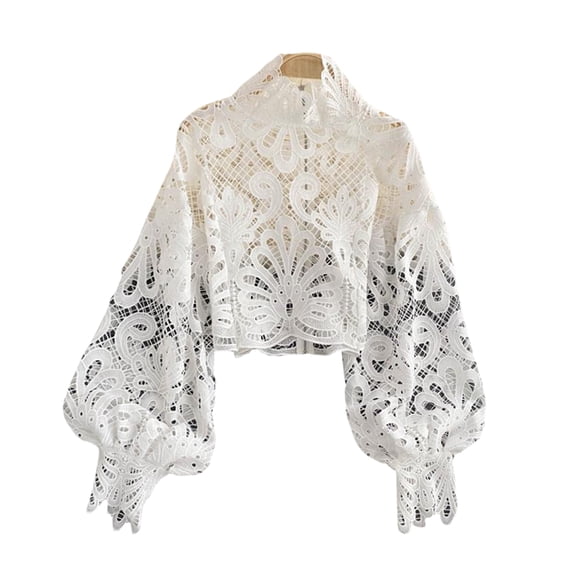 YM YOUMU Women Puff Long Sleeve Lace Mesh Hollow Out Blouse Shirt Crop Top
