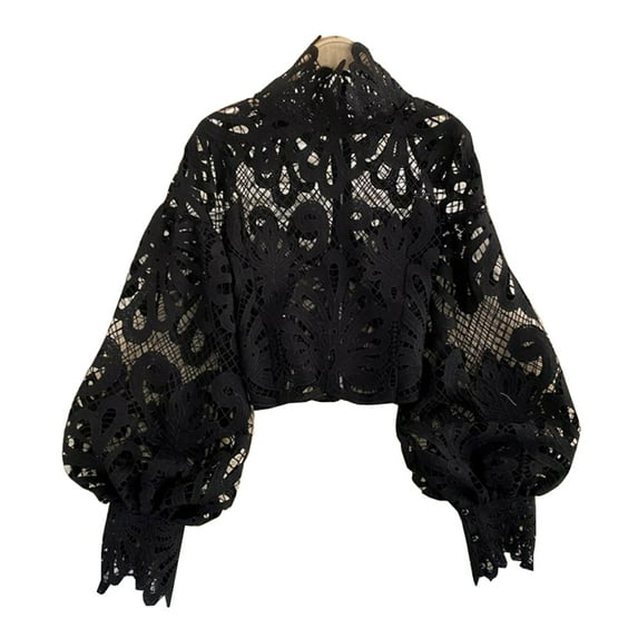YM YOUMU Women Puff Long Sleeve Lace Mesh Hollow Out Blouse Shirt Sexy Crop Top