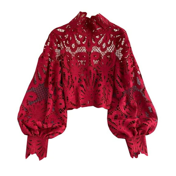 YM YOUMU Women Puff Long Sleeve Lace Mesh Hollow Out Blouse Shirt Sexy Crop Top