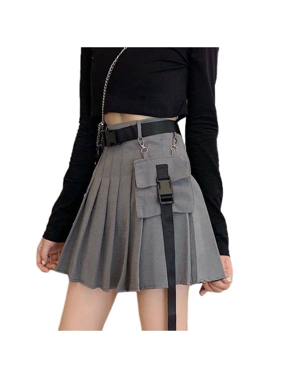Women Punk Gothic Cargo Skirt with Chain Belt Pocket High Waist Skirts for Party