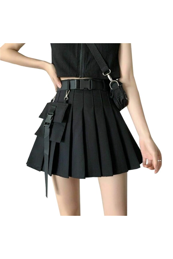 Women Punk Gothic Cargo Skirt with Chain Belt Pocket High Waist Skirts for Party