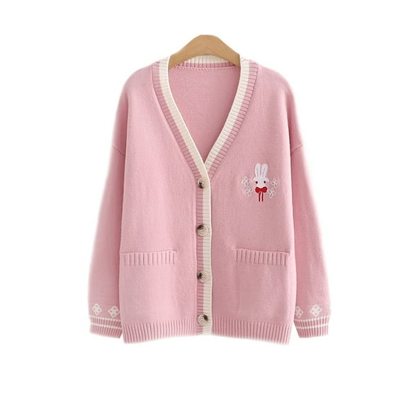 YM YOUMU Women Rabbit Embroidered Knitted Cardigan Sweater Button Down Jumper Outwear