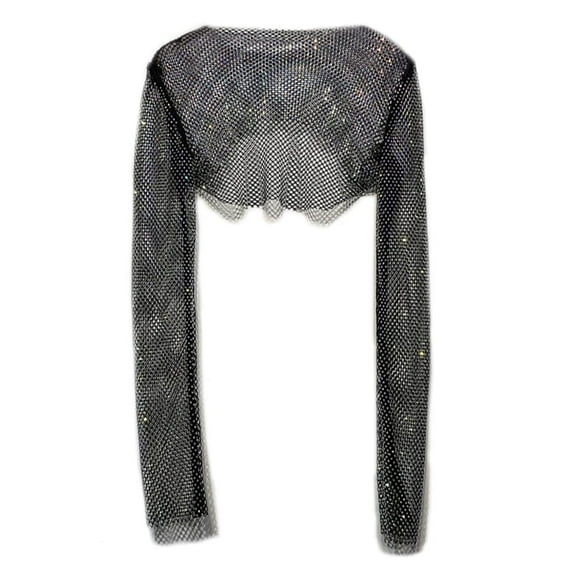 YM YOUMU Women Rhinestone Crystal Crop Tops Mesh Net Sheer Shiny Glitter Blouse T Shirt Party Club Wear