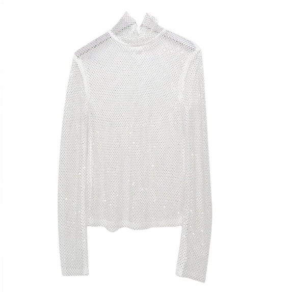 YM YOUMU Women Rhinestone Sheer Mesh Tops See Through Shirt Long Sleeve Glitter Shiny Blouse