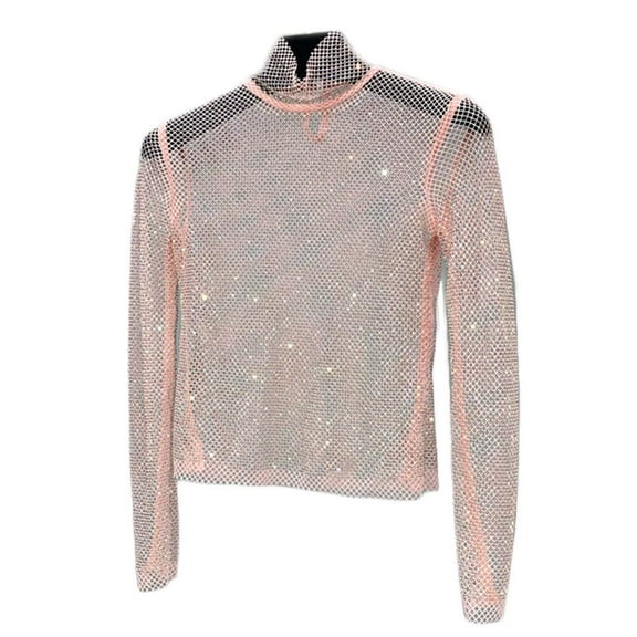 YM YOUMU Women Rhinestone Sheer Mesh Tops See Through Shirt Long Sleeve Glitter Shiny Blouse