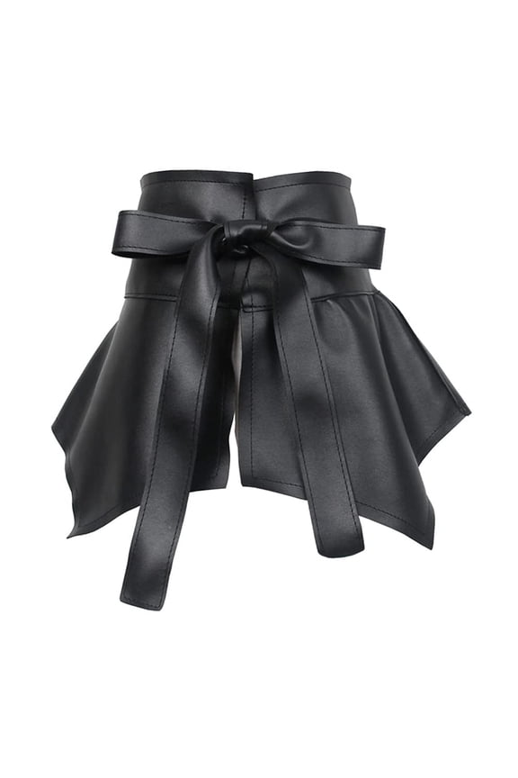 Women Ruffle Wide Waist Belt Lace-up PU Leather Corset Waistband Wrap Around Cummerbund