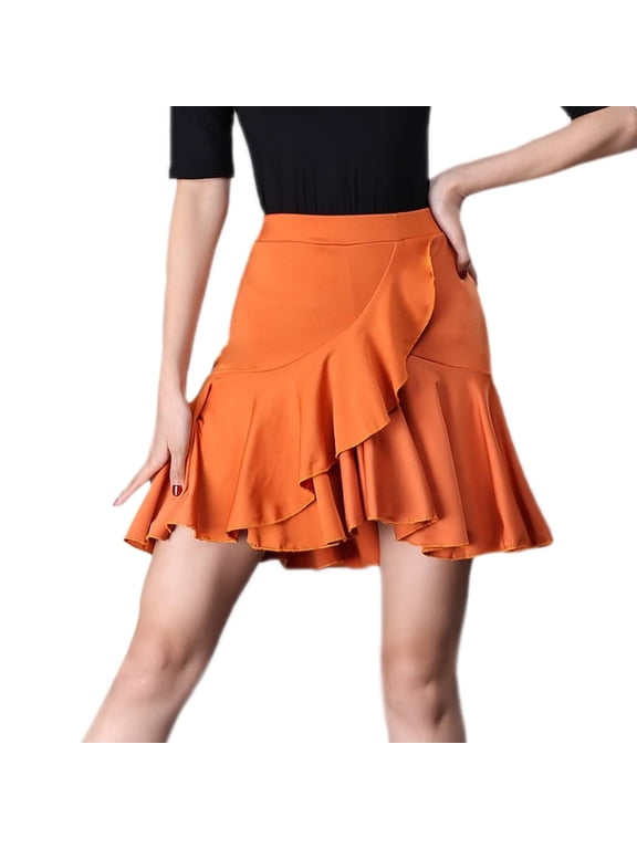 Women Ruffled Latin Dance Practice Skirt Tango Salsa Rumba Cha Cha Ballroom
