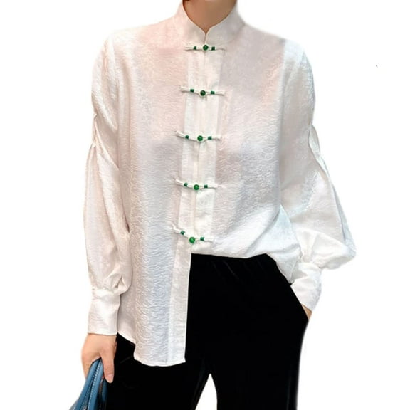 YM YOUMU Women Satin Ethnic Blouse Long Sleeve Mandarin Collar Shirt