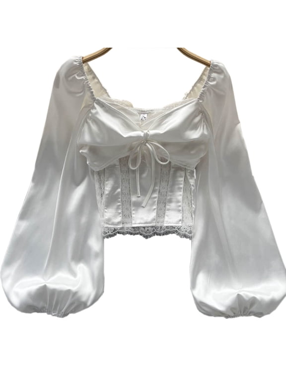 Women Satin Shirt Lace Long Puff Sleeve Short Blouse Square Neck Casual Top