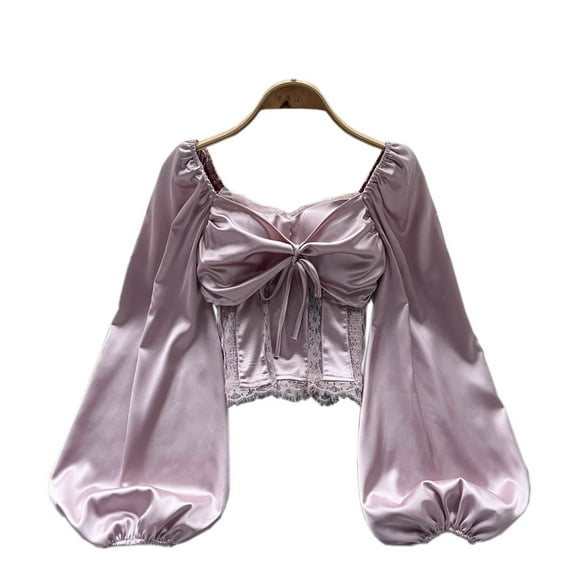YM YOUMU Women Satin Shirt Lace Long Puff Sleeve Short Blouse Square Neck Casual Top