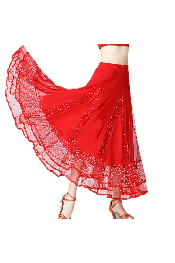 Women Sequins Mesh Ruffle Ballroom Latin Dance Skirt Elastic Waist Long Swing Tiered Tango Salsa Waltz Dancewear