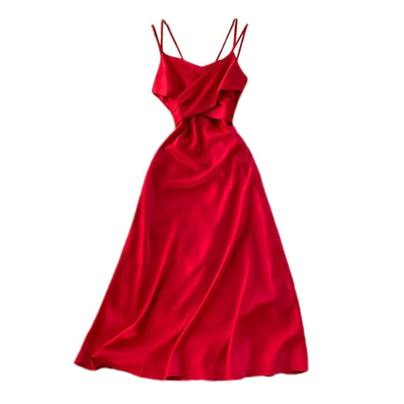 YM YOUMU Women Sleeveless Crisscross V Neck Backless Satin Dress Tie Up Waist Spaghetti Strap Summer Dress for Cocktail Party