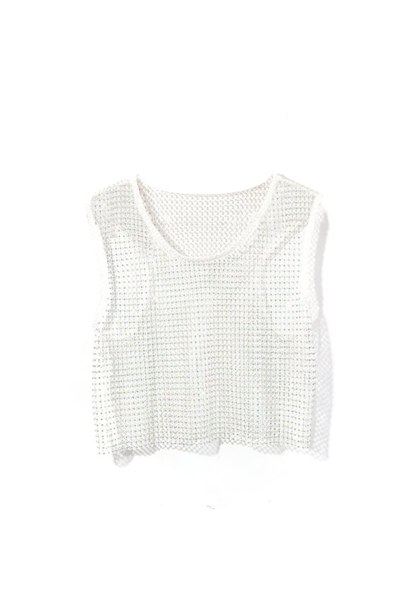 Women Sleeveless Fishnet  Sheer Camisole Mesh See Through Rhinestone Crop Tank Top for Rave Party Clubwear