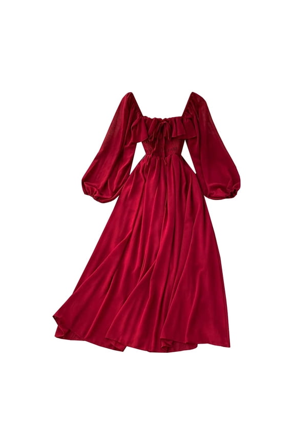 Women Square Neck Long Puff Sleeves Chiffon Smocked Bust Dress Tie Front
