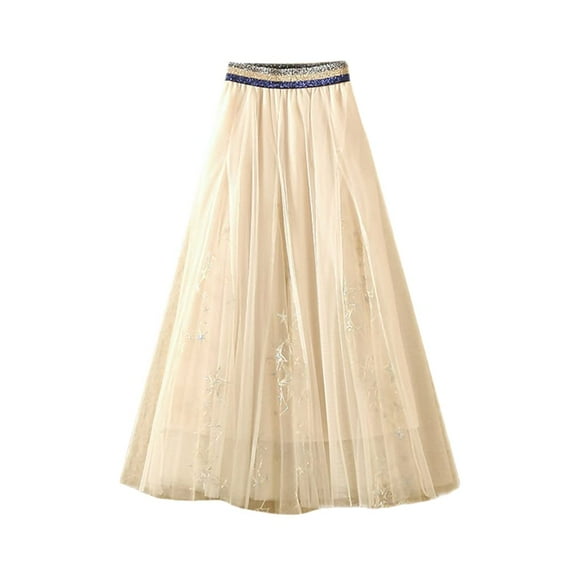 YM YOUMU Women Stars Embroidered Skirt High Waist A Line Tulle Princess Fairy Midi