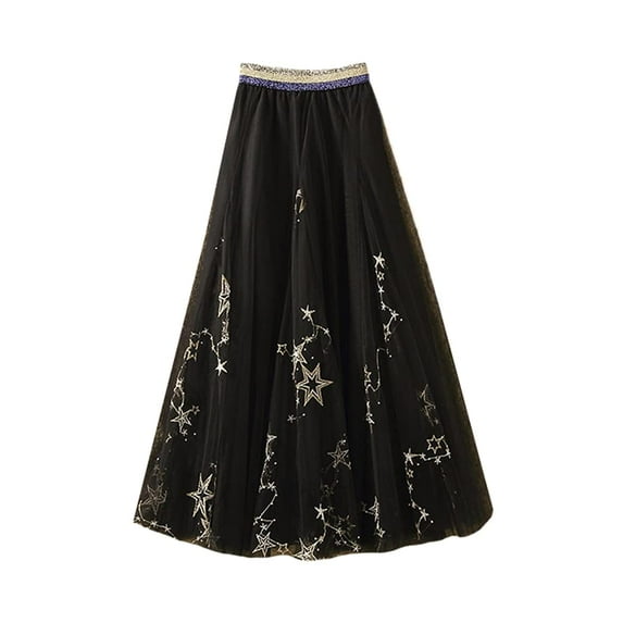 YM YOUMU Women Stars Embroidered Skirt High Waist A Line Tulle Princess Fairy Midi