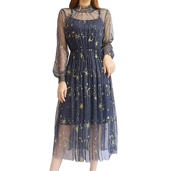 YM YOUMU Women Summer Chiffon Dress Stars Moon Print Embroidered Long Puff Sleeve Princess Dress