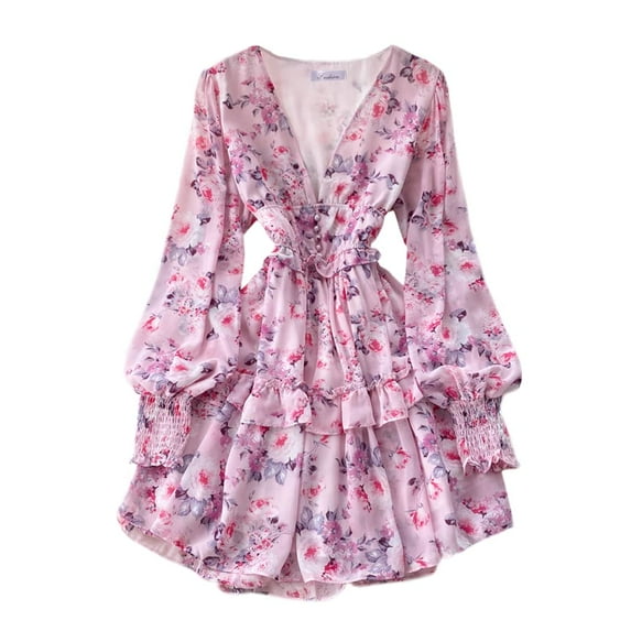 YM YOUMU Women Summer Deep V Neck Ruffle Long Puff Sleeve Floral Mini Dress