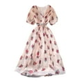 thumbnail image 1 of YM YOUMU Women Summer Floral Print V Neck Short Puff Sleeves Pleated Dress A Line Ruffle Hem Holiday Dress with Belt, 1 of 3