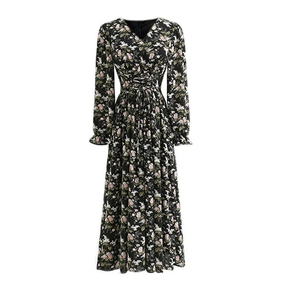 YM YOUMU Women Summer Vintage Lace up Floral Print Peasant Dress High Waist Long Puff Sleeves Beach Homecoming Dresses