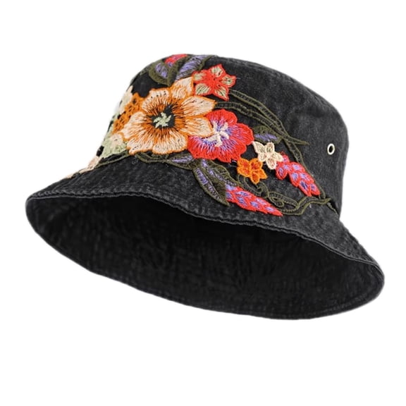 YM YOUMU Women Summer Wide Brim Floral Embroidered Bucket Hat Foldable Fisherman Cap Beach Headwear