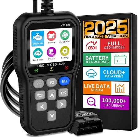 Car Engine Fault Code Reader with Battery Test, Live Data, Dtc Lookup, Compatible with 1996+ Obdii Vehicles,YM319 OBD2 Scanner