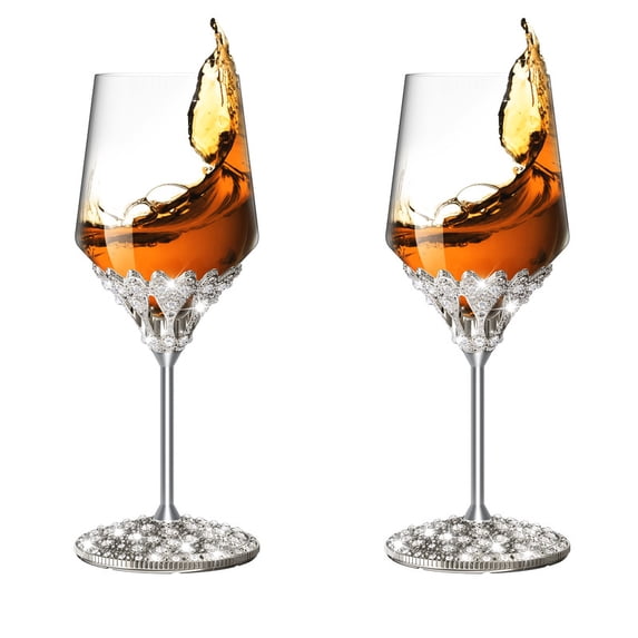 YMAM.LIGHT 11oz. Handmade Diamond-Encrusted Crystal Wine Glass, Lead Free Crystal Red Wine Glass Set, Silver Base, 2 Pack