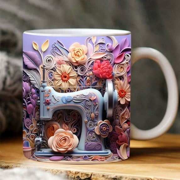 YMARPT 3D Sewing Mug, 3D Sewing Painted Mug, Creative Space Design 3D Quilting Ceramic Mug, Multi-Purpose Sewing Coffee Mug, Sewing Themed Coffee Cup for Quilter Loved Ones