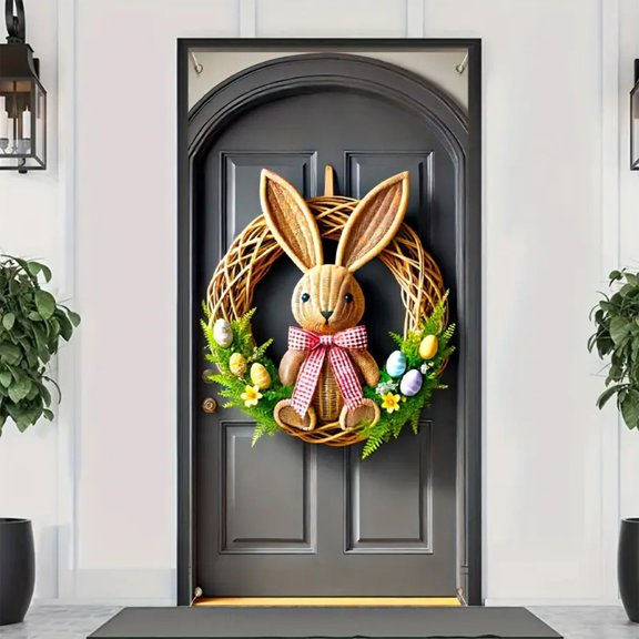 YMARPT Happy Easter Door Cover, Easter Bunny Easter Eggs Door Banner, Easter Party Decorations Backdrop, Easter Day Party Cover Accessory for Photography Home Decor Supplies, 70.8×35.4inch