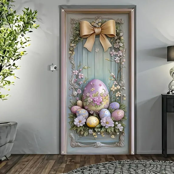 YMARPT Spring Easter Welcome Door Cover Decoration, Easter Bunny Door Banner, Welcome Door Banner Background for Easter Theme Supplies Decor