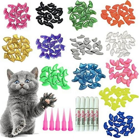 YMCCOOL 100pcs Cat Nail Caps/Tips Pet Cat Kitty Soft Claws Covers Control Paws of 10 Nails Caps and 5Pcs Adhesive Glue 5 Applicator with Instruction