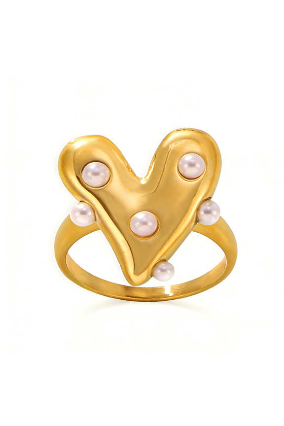 18K Gold Plated Heart Pearl Ring, Stainless Steel Vintage Heart Band Ring, Size 7 Available, Trendy Rings for Women