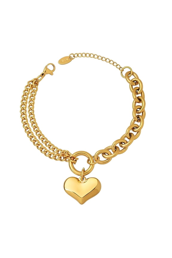 18K Gold Plated Titanium Steel Double Chain Heart Bracelet, 5.9"+1.2" Adjustable, Chunky Link Bracelet for Women, Gift Box & Greeting Card Included, Perfect Mother's Day Gift for Mom