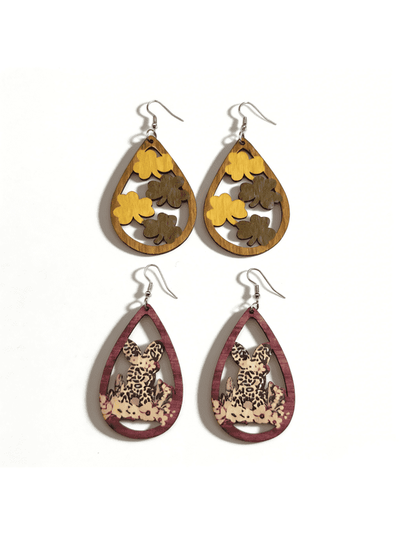 2 Pairs Wooden Teardrop Earrings Set, Clover Shamrock & Bunny Rabbit Dangle Earrings,Boho Wood Earrings, St. Patrick's Day & Easter Jewelry, Lucky Earrings for Women, Gift for Her
